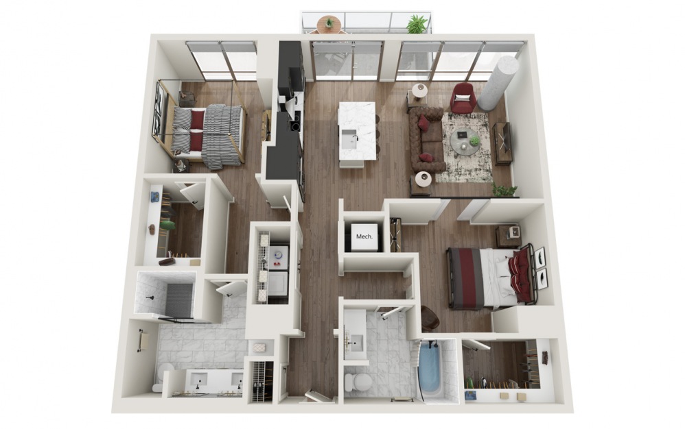 B2.T - 2 bedroom floorplan layout with 2 baths and 1226 square feet.