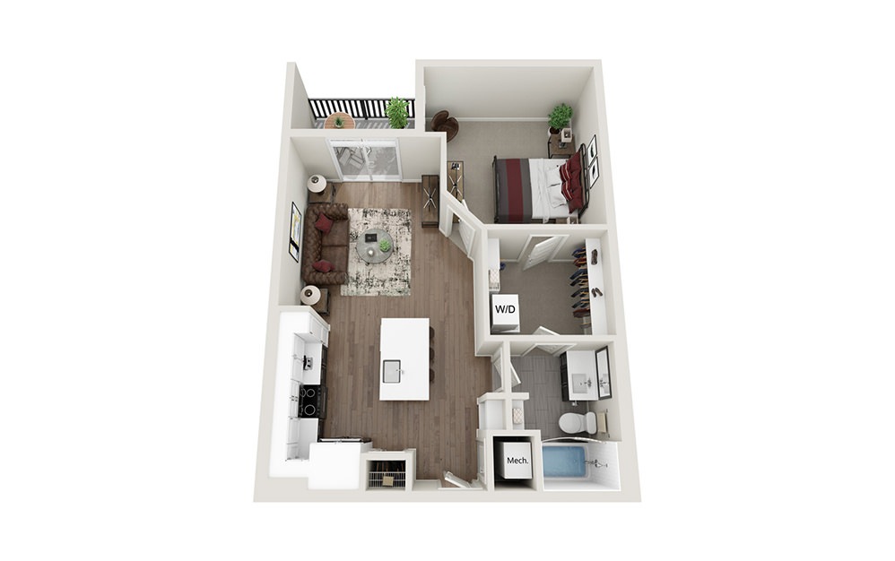 A1 - 1 bedroom floorplan layout with 1 bath and 711 square feet.