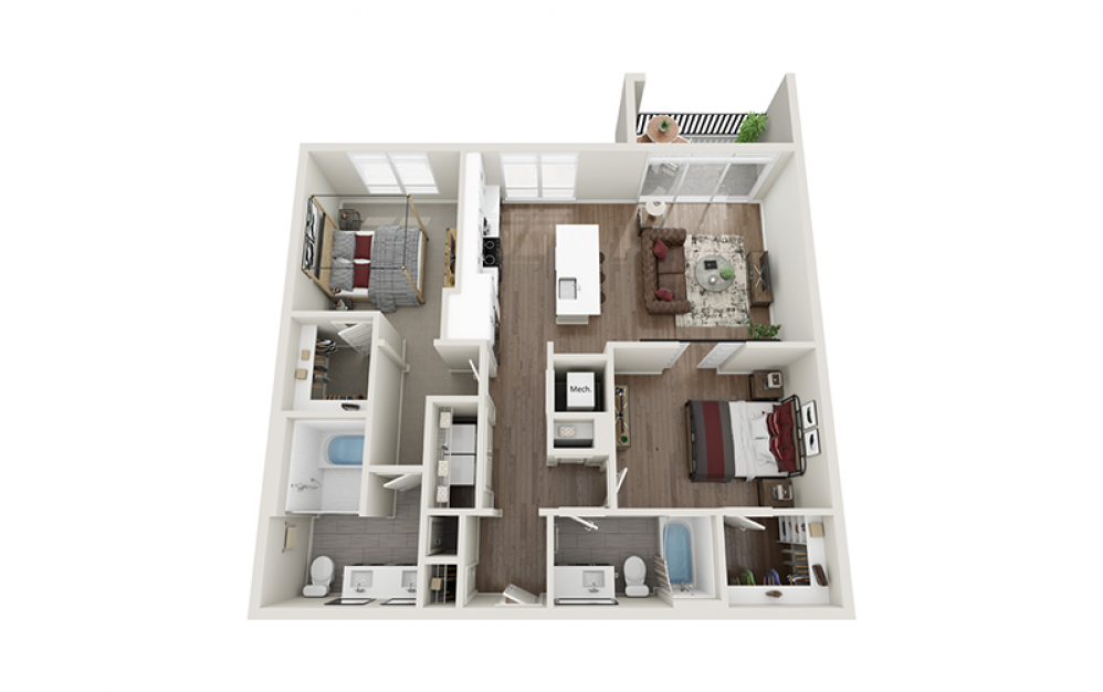 B2 - 2 bedroom floorplan layout with 2 baths and 1152 square feet.