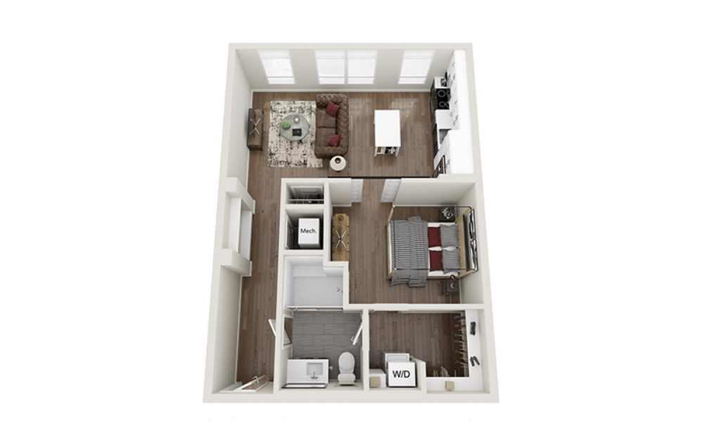 S3 - Studio floorplan layout with 1 bath and 736 square feet.