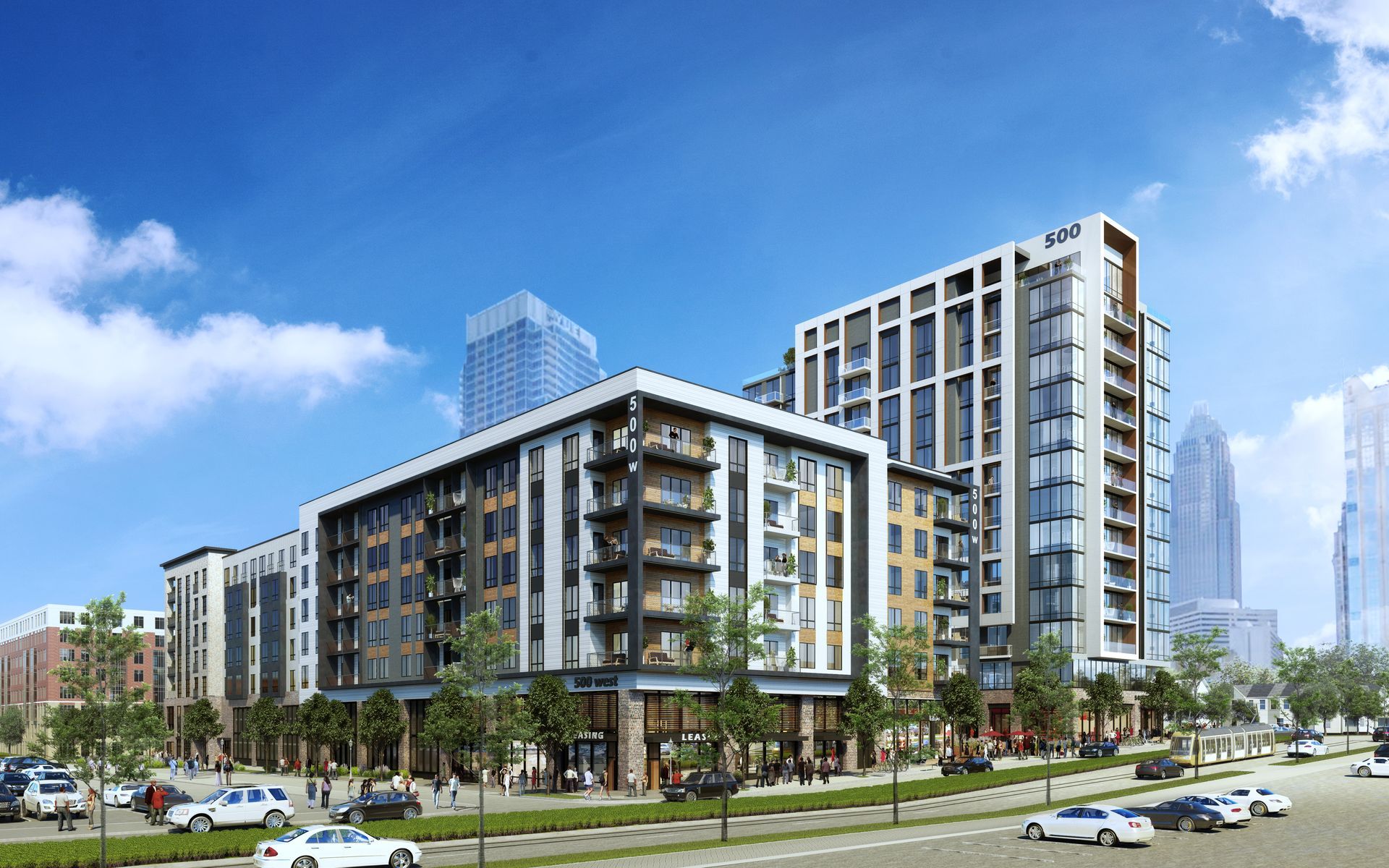 500 West Trade luxury apartments building exterior rendering