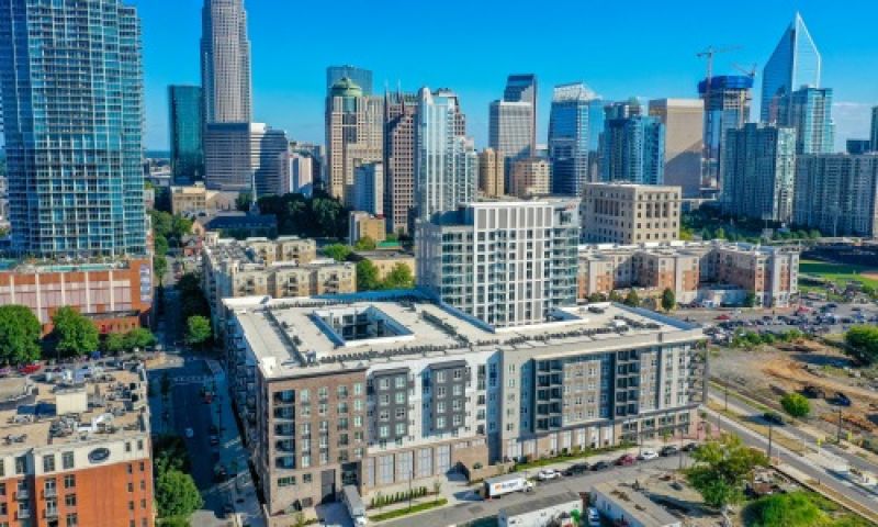 500 West Trade apartments aerial of building exterior
