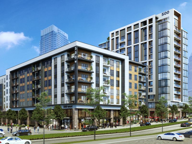 500 West Trade apartments aerial of building exterior rendering